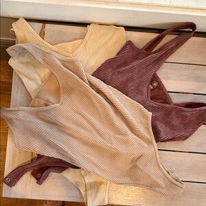 Ribbed Sleeveless Bodysuit - Cream, Tan and Brown